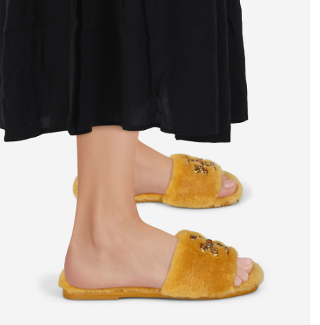 Tory BurchYellow Shearling Jewelled Sliders