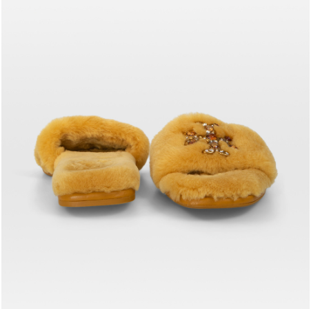 Tory BurchYellow Shearling Jewelled Sliders