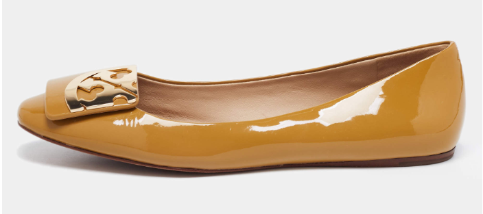 Tory Burch Brown Patent Leather Square Logo Ballet Flats