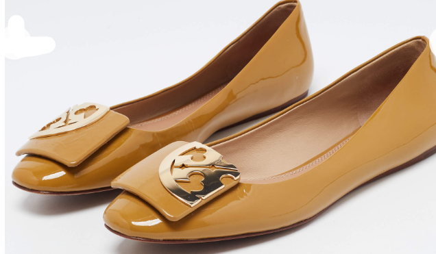 Tory Burch Brown Patent Leather Square Logo Ballet Flats