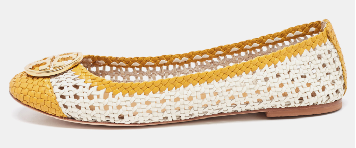Tory Burch White/Yellow Woven Leather Reva Ballet Flats