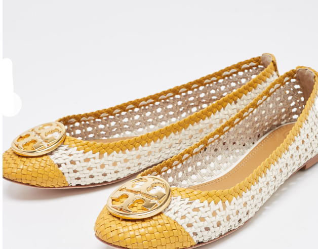 Tory Burch White/Yellow Woven Leather Reva Ballet Flats