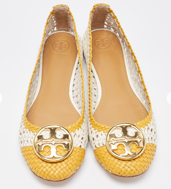 Tory Burch White/Yellow Woven Leather Reva Ballet Flats