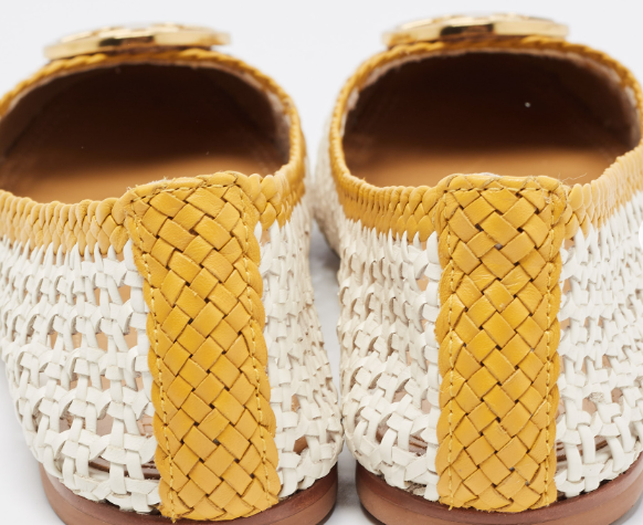 Tory Burch White/Yellow Woven Leather Reva Ballet Flats