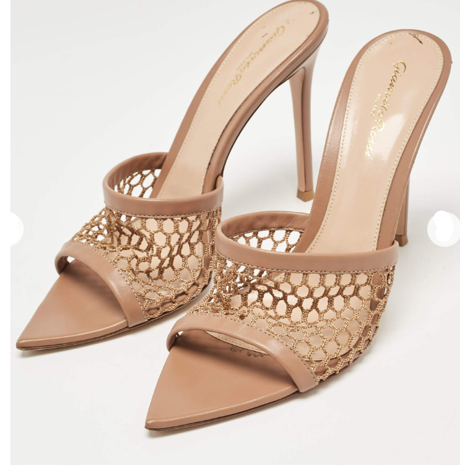 Gianvito Rossi Beige Leather and Mesh Alisia Slide Sandals