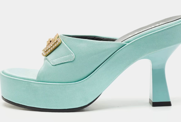 "Versace Versace Mint Green Satin Medusa Biggie Platform Mules"