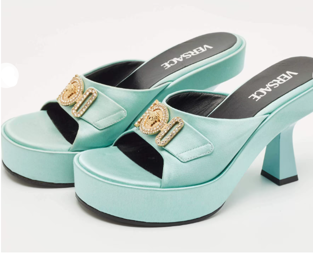 "Versace Versace Mint Green Satin Medusa Biggie Platform Mules"