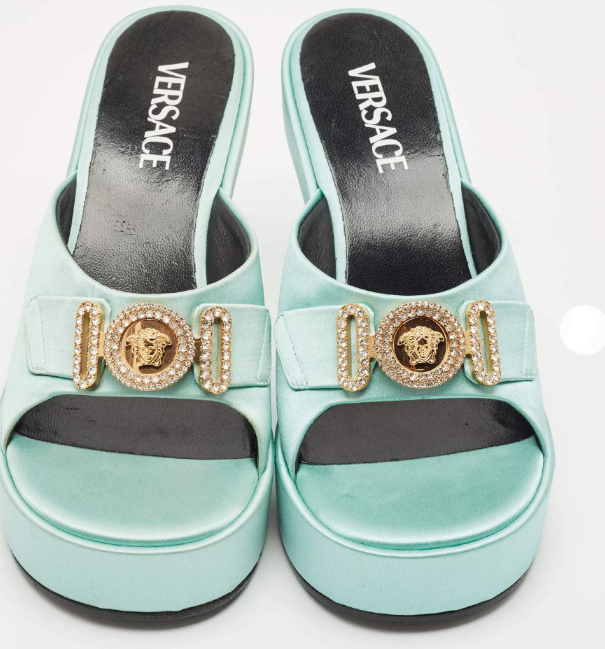 "Versace Versace Mint Green Satin Medusa Biggie Platform Mules"