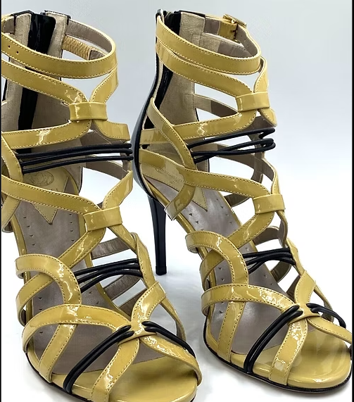 VERSACE Beige Black Patent Leather Cutout Accent Gladiator Sandals