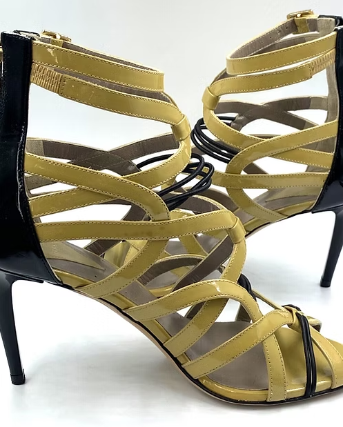 VERSACE Beige Black Patent Leather Cutout Accent Gladiator Sandals