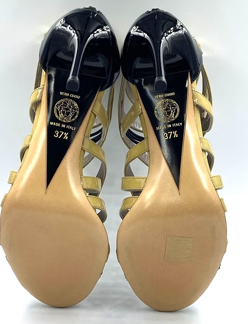 VERSACE Beige Black Patent Leather Cutout Accent Gladiator Sandals