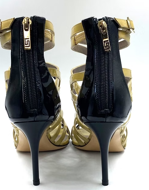 VERSACE Beige Black Patent Leather Cutout Accent Gladiator Sandals