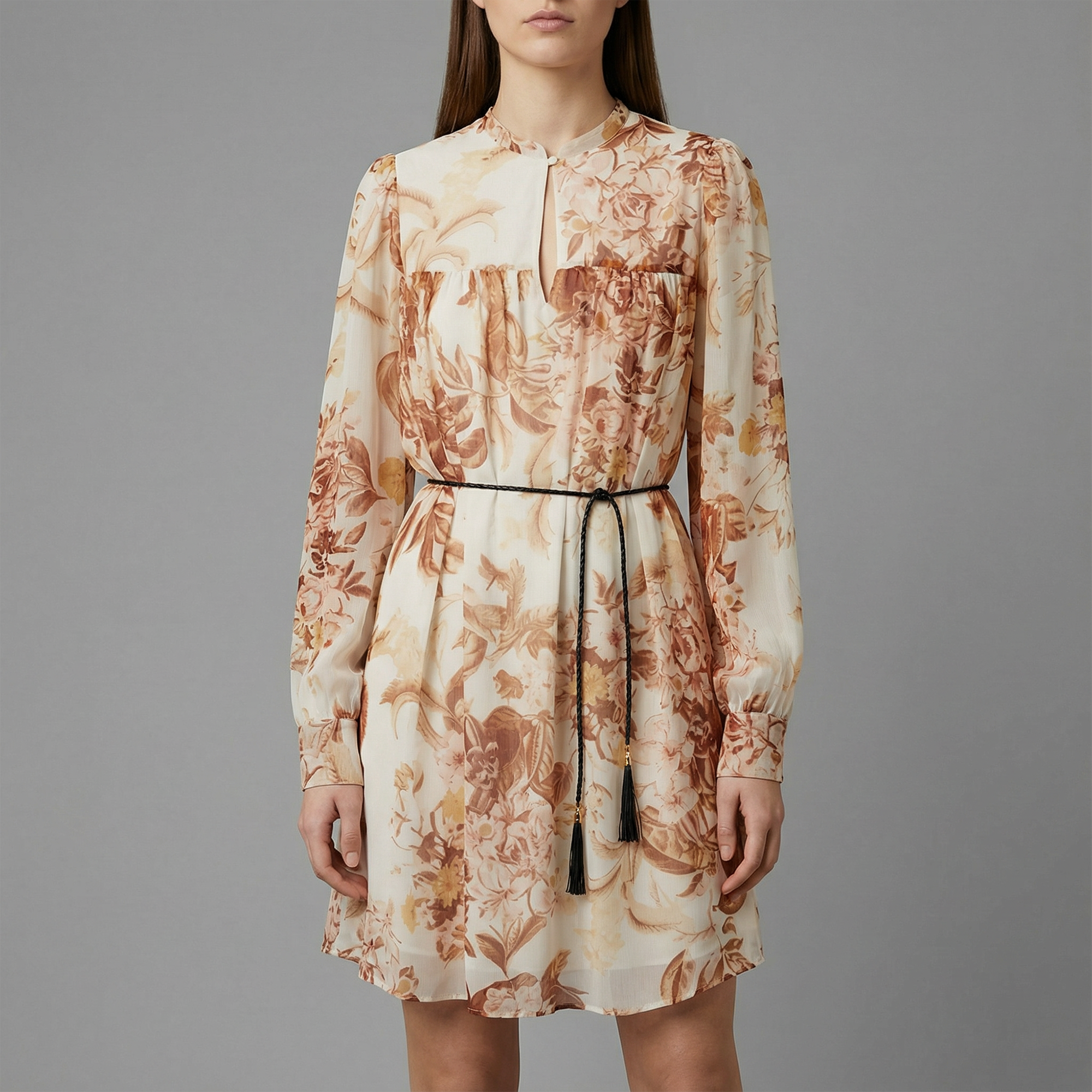 GUESS White Tan Floral Belted All Over Print Dress