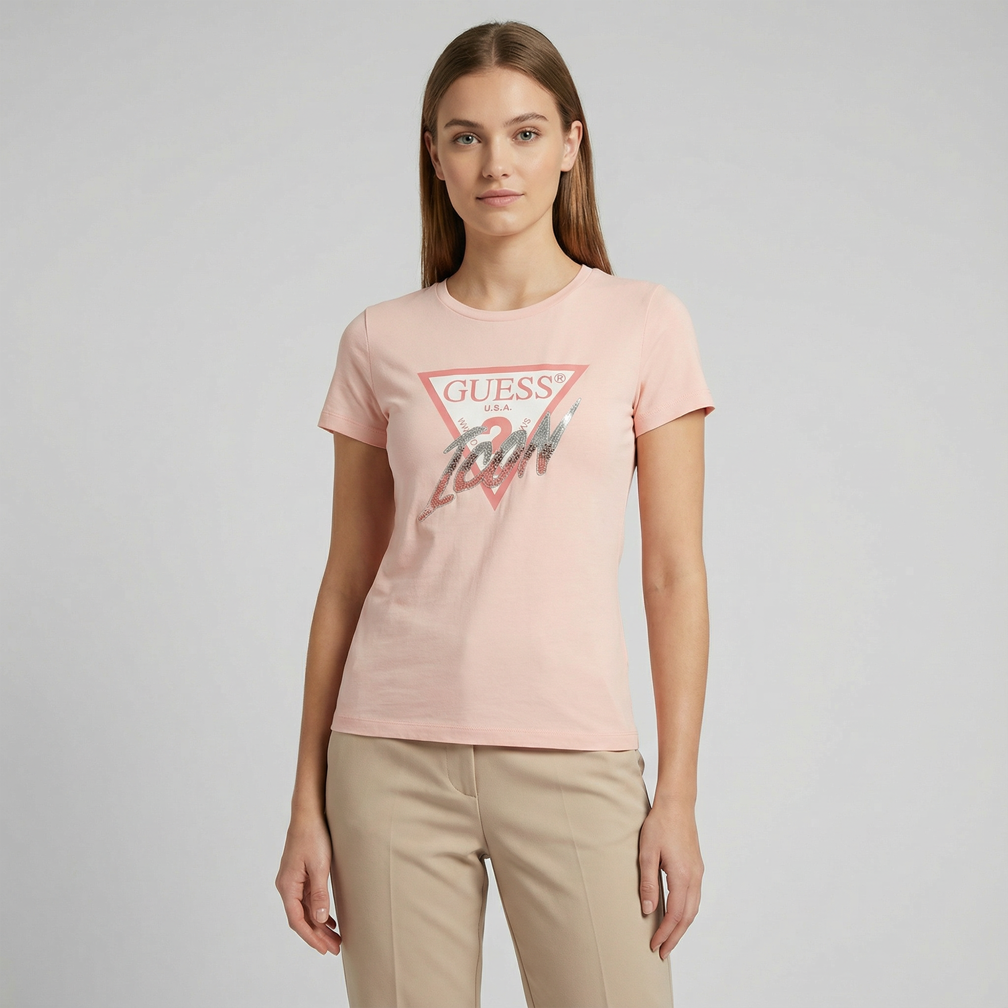 GUESS, Tricou cu imprimeu logo si margele, Roz pastel