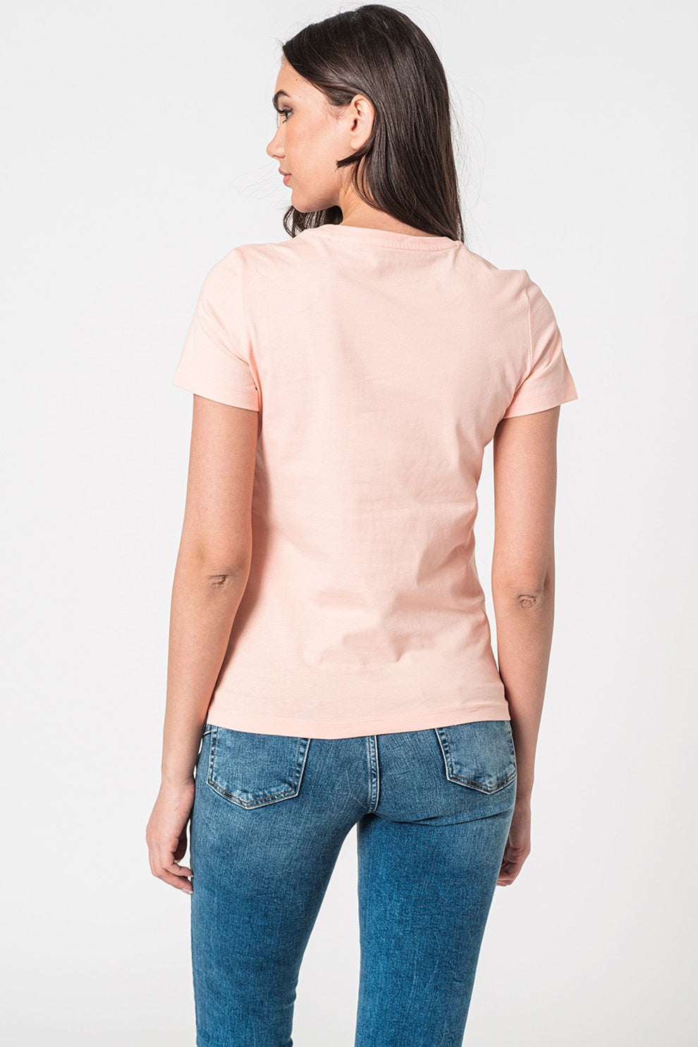 GUESS, Tricou cu imprimeu logo si margele, Roz pastel