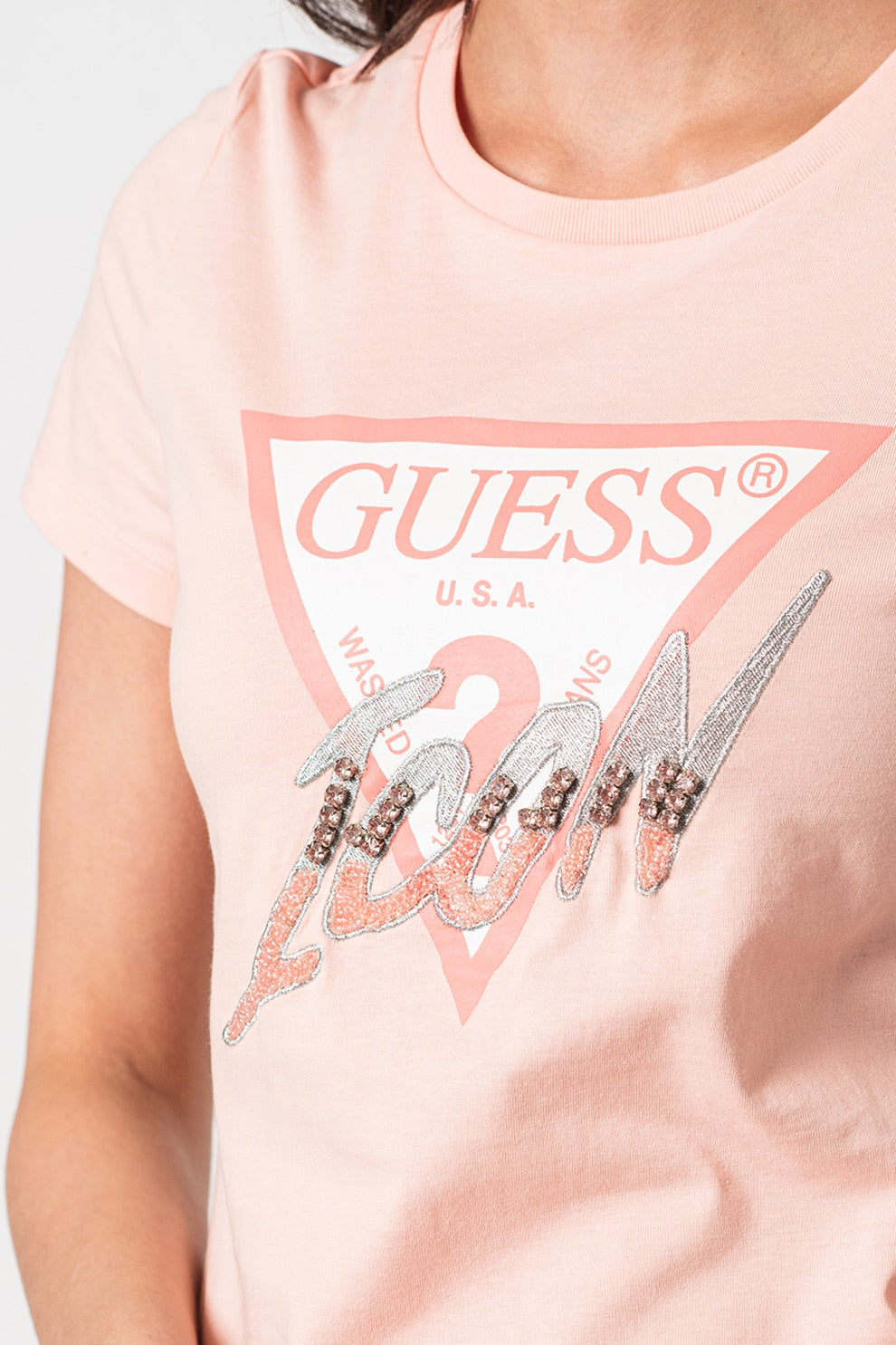 GUESS, Tricou cu imprimeu logo si margele, Roz pastel
