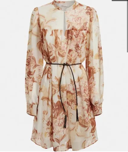GUESS White Tan Floral Belted All Over Print Dress