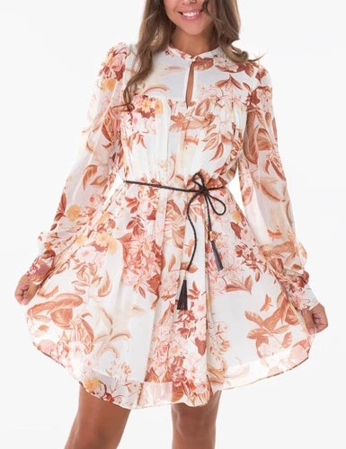 GUESS White Tan Floral Belted All Over Print Dress
