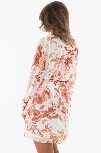 GUESS White Tan Floral Belted All Over Print Dress